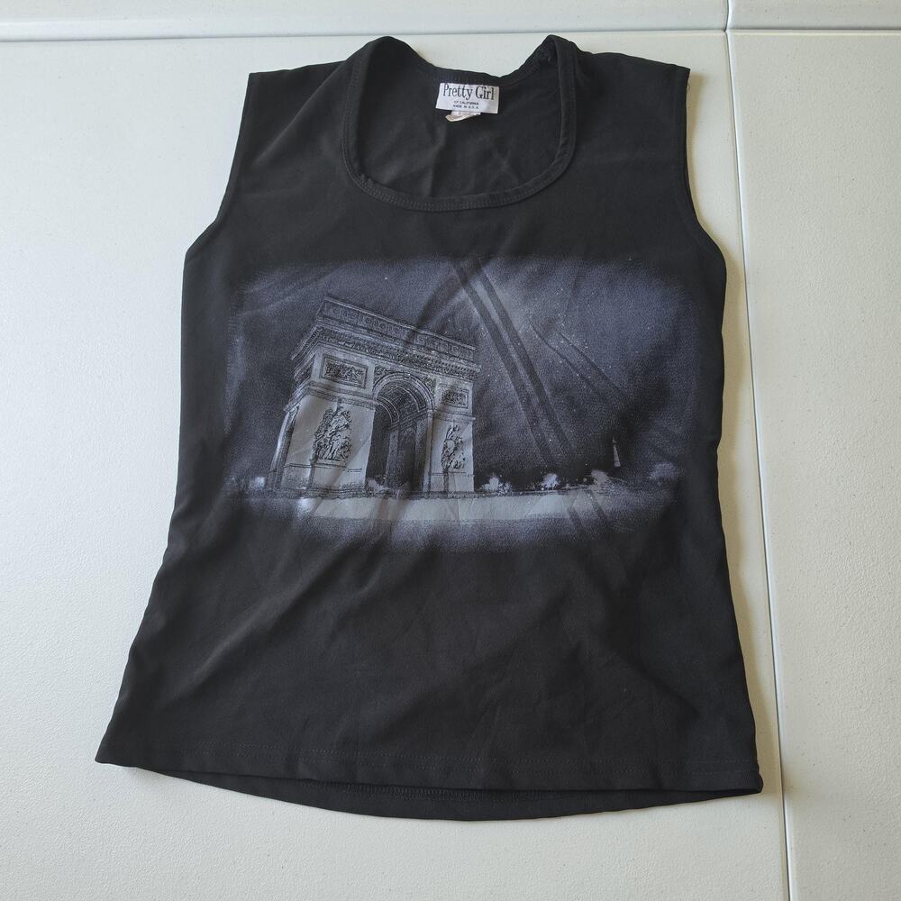 90s Grunge Pretty Girl Tank Top Womens XL Black Sleeveless Paris Arc De Triomphe